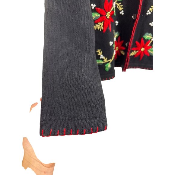 Victoria Jones Women’s Christmas Sweater M Black Embroidered Floral Cardigan - Picture 4 of 7